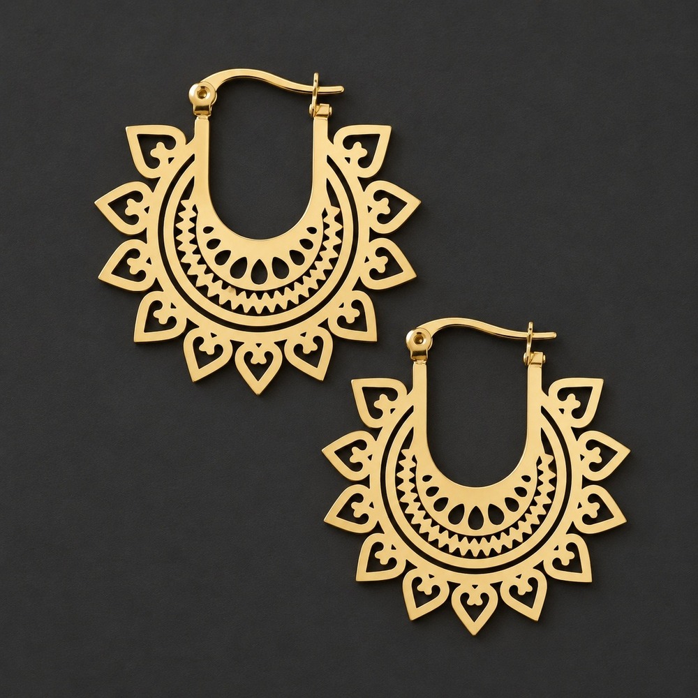 18K Gold Plated Stainless Steel Mandala Hoop Earrings Boho Sunburst Filigree